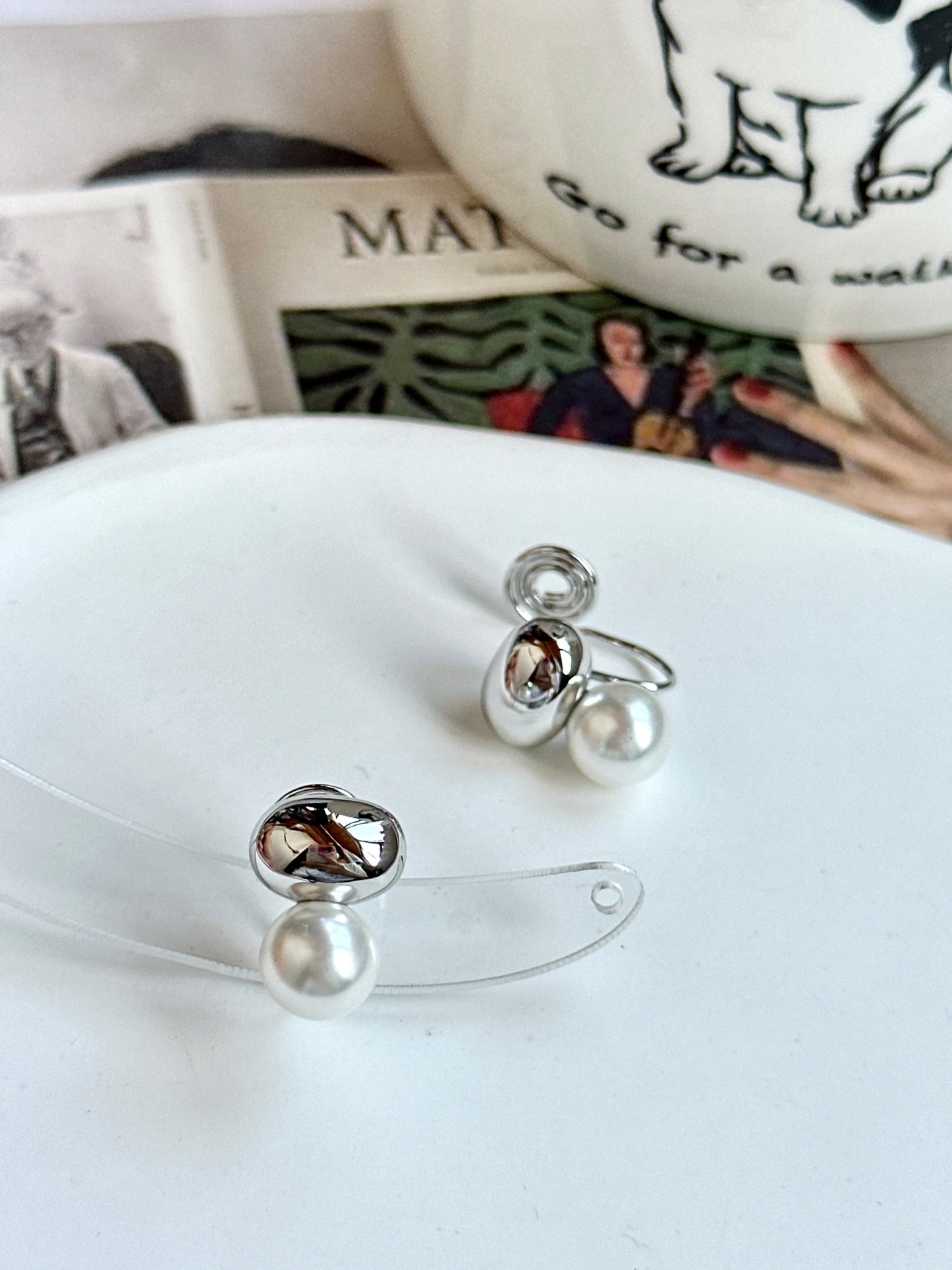 Silver Oval Pearlied Clip On Earrings