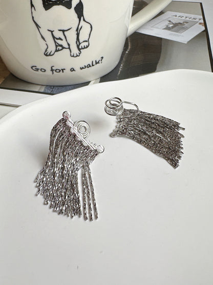 Silver Row Tassel Clip On Earrings