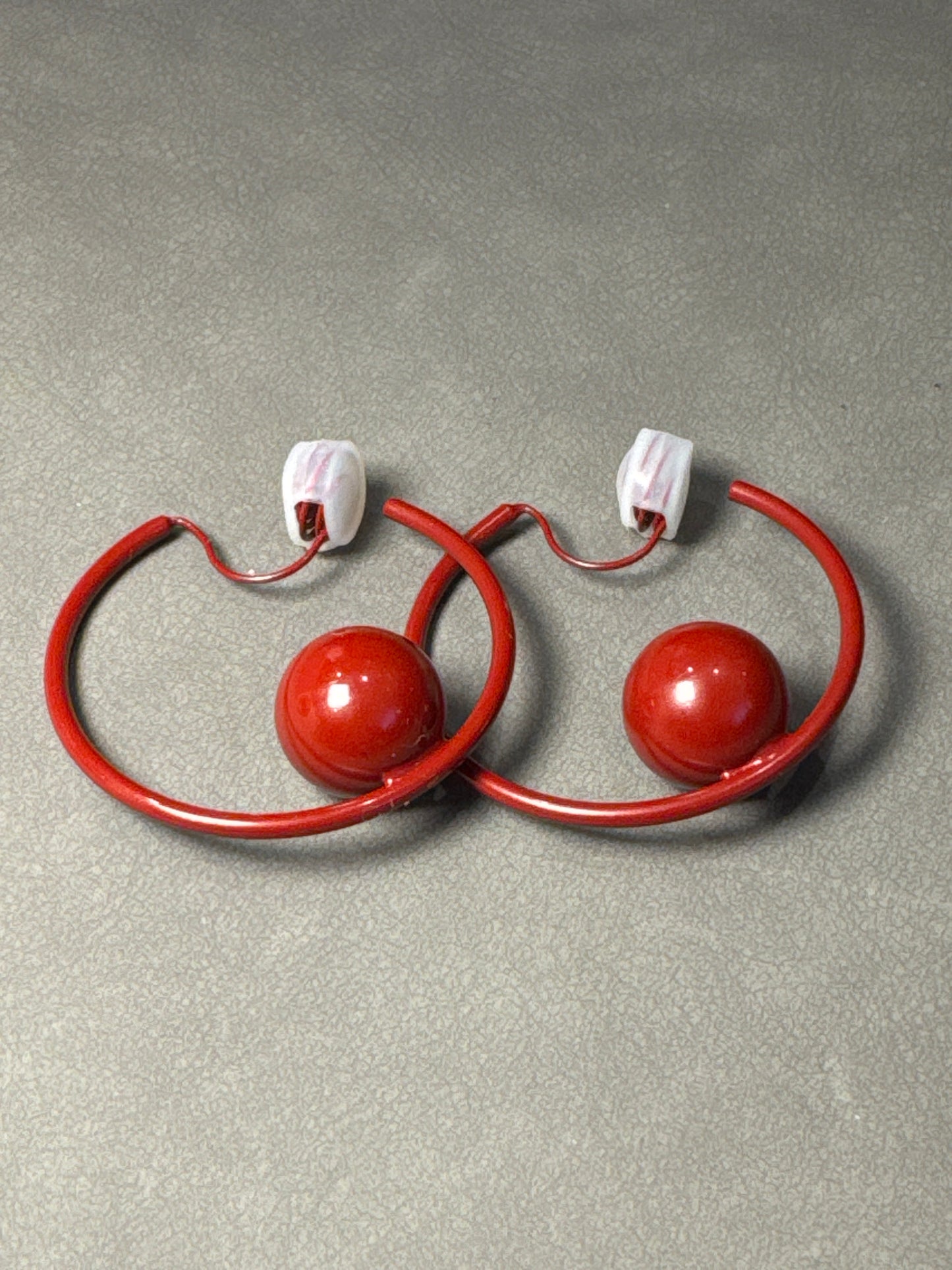 Red Metal Open Hoop with Ball Clip On Earrings