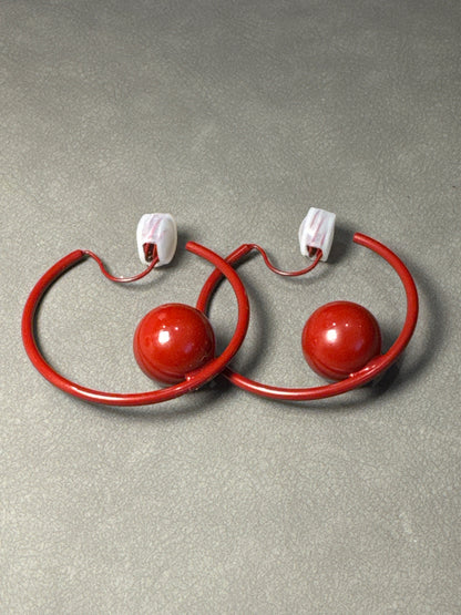 Red Metal Open Hoop with Ball Clip On Earrings