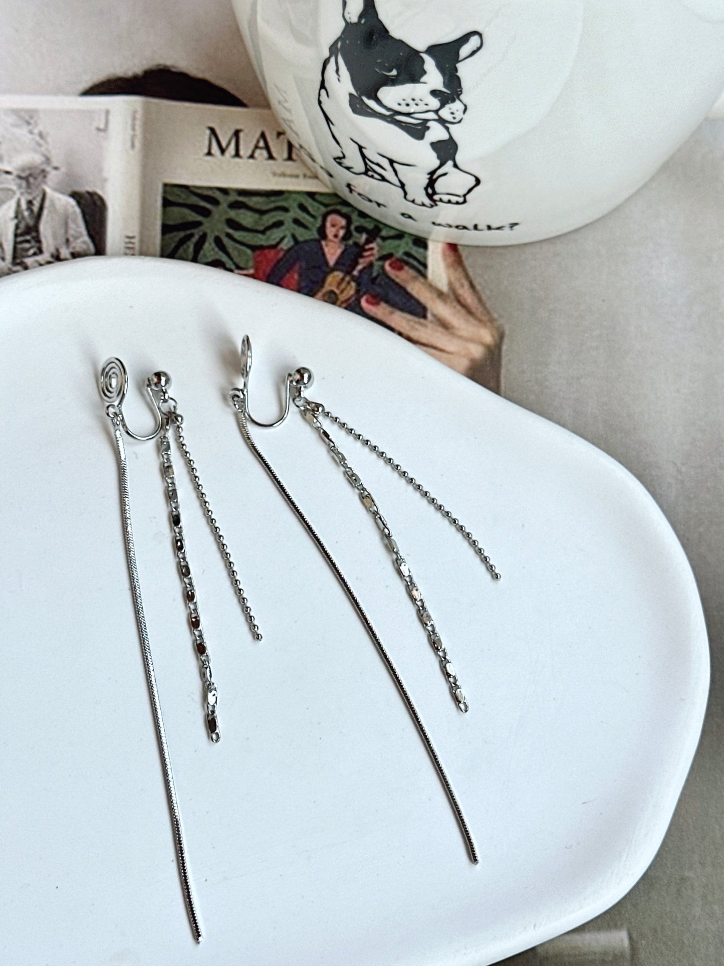 Silver Multi Long Tassel Clip On Earrings. silver-tone clip-on earrings for women.