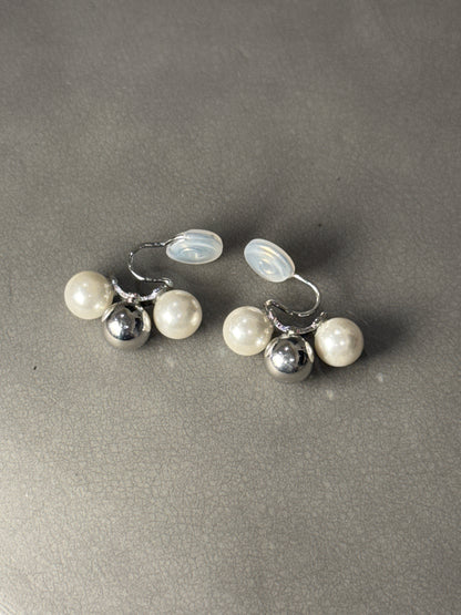 Silver Metal Ball with Pearlised Ball Hoop Clip On Earrings