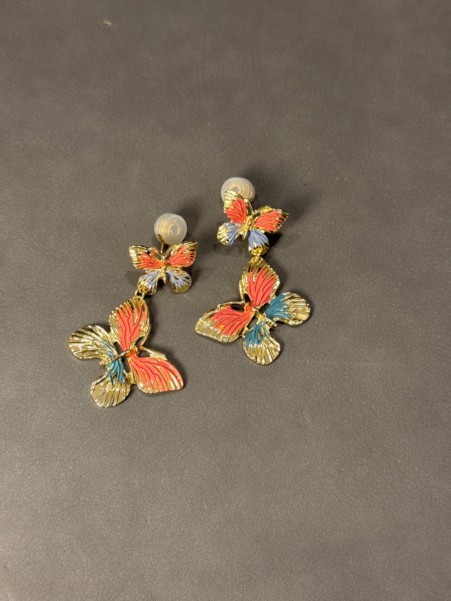 Golden Metal Color Painted Double Butterfly Clip On Earrings