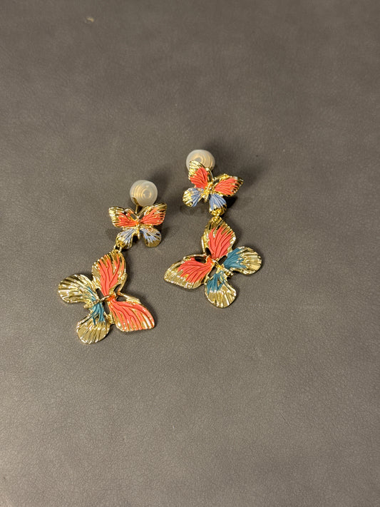 Golden Metal Color Painted Double Butterfly Clip On Earrings