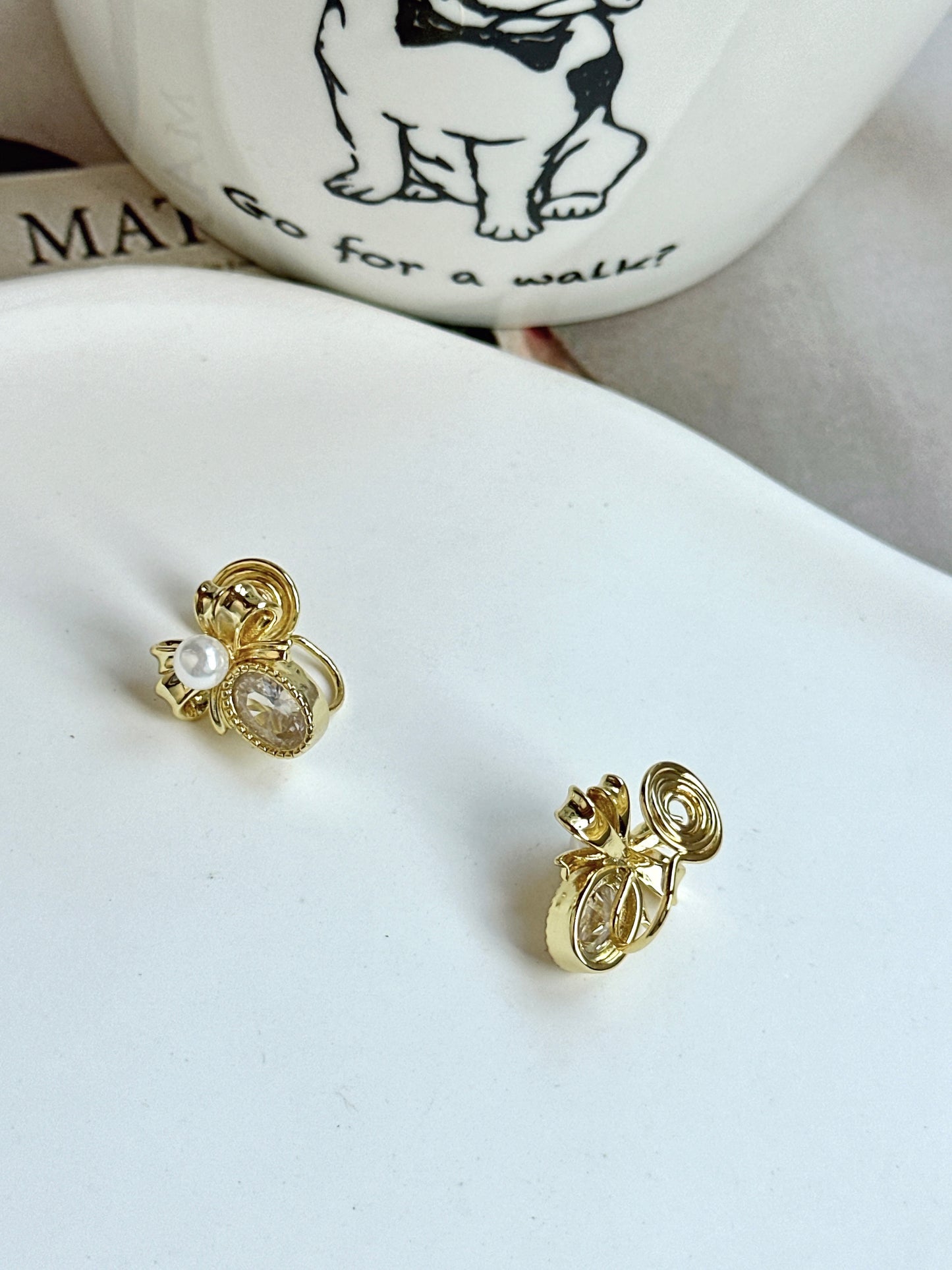 Golden Bow and Zircon Clip On Earrings