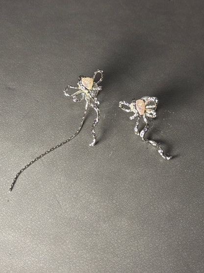 Silver Metal Bow Mismatch Clip On Earrings