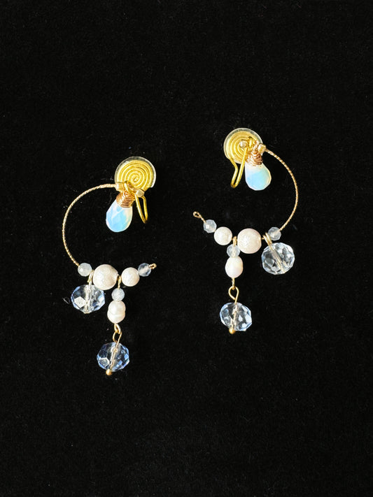 Handmade Elegant Pearl and Crystal New Moon Drop Clip-On Earrings