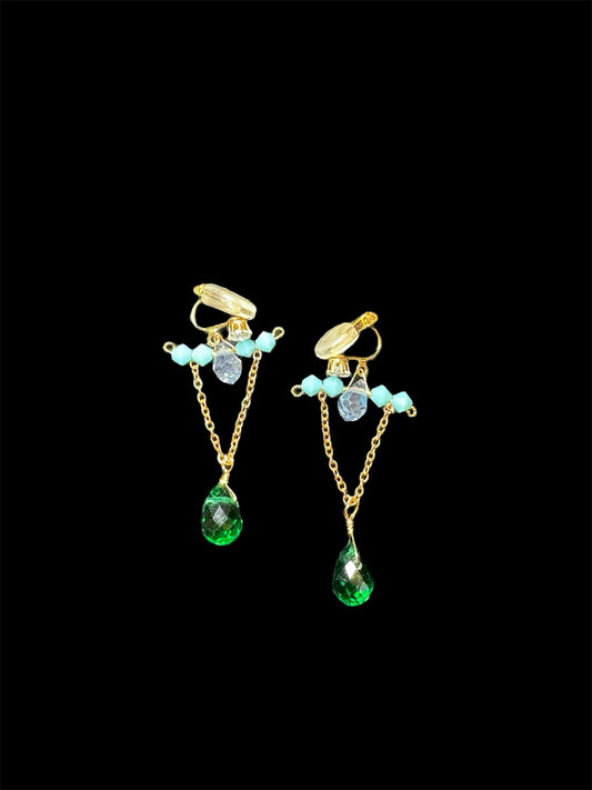 Blue and Green Clip-On Earrings – Handmade Dangle Jewelry