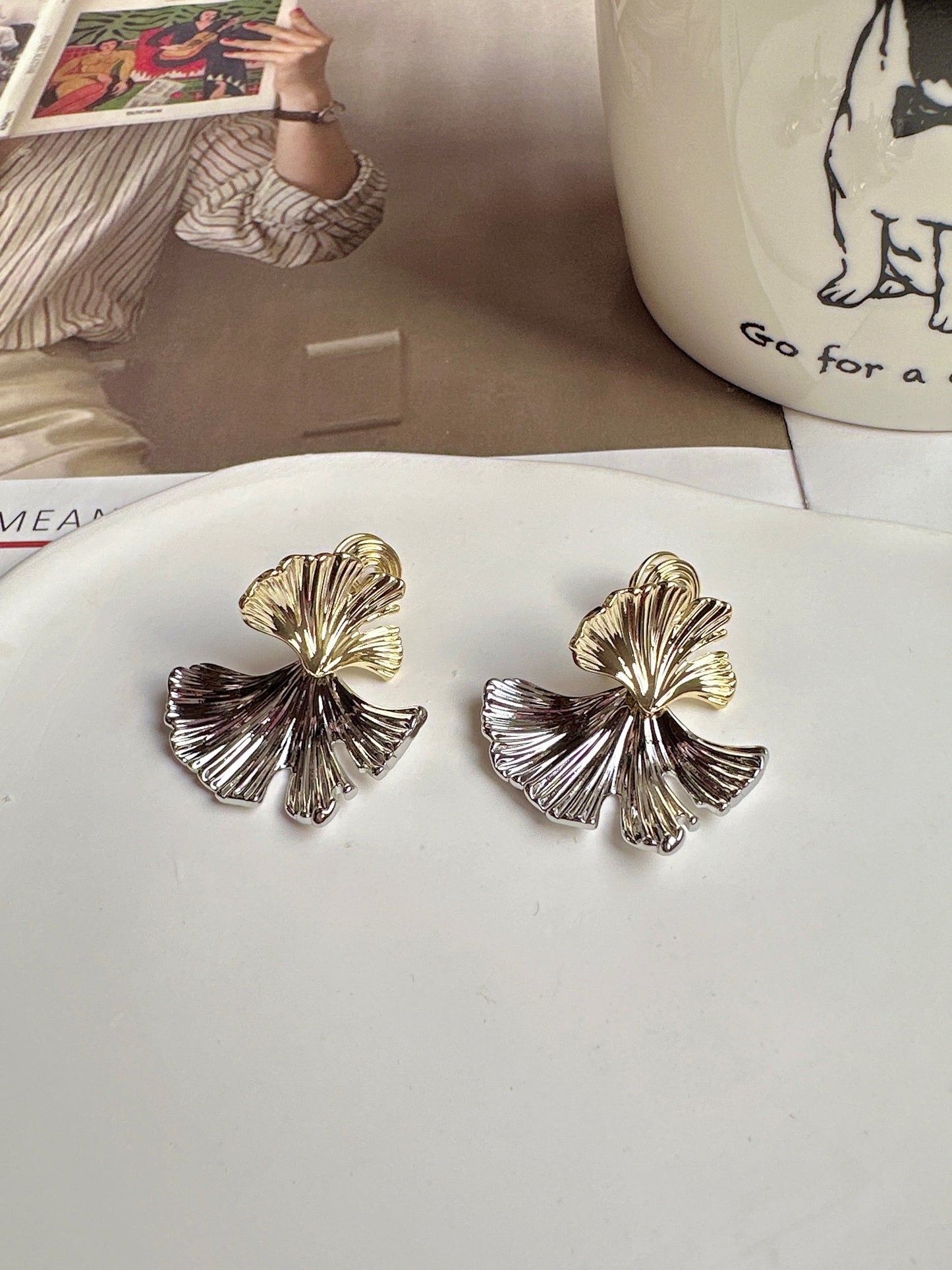 Golden and Silver Metal Double Ginkgo Leaf Clip On Earrings