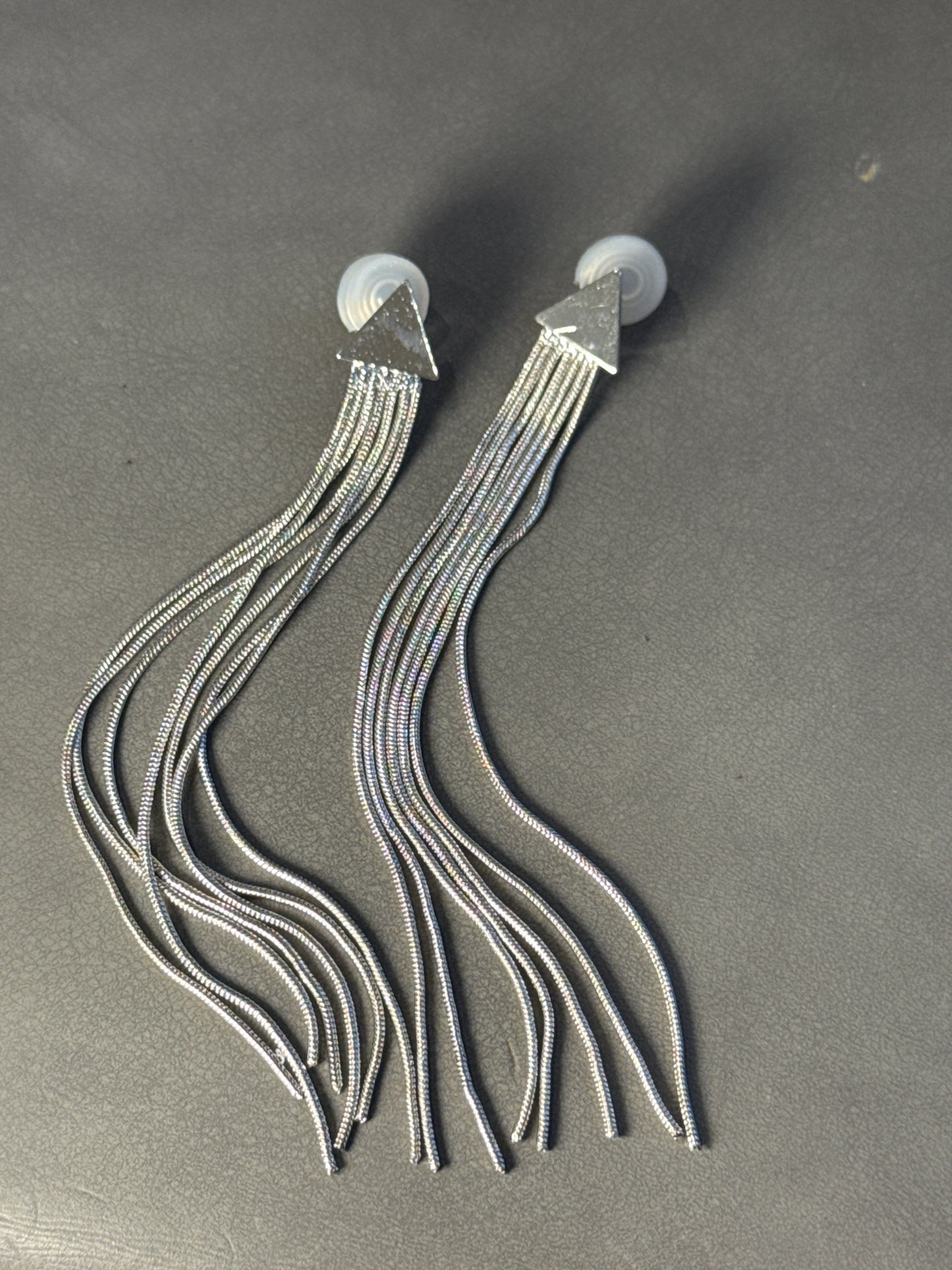 Silver Metal Long Tassel Triangle Clip On Earrings