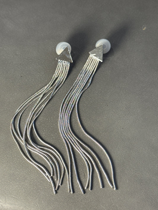 Silver Metal Long Tassel Triangle Clip On Earrings