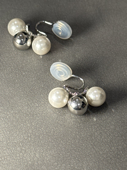 Silver Metal Ball with Pearlised Ball Hoop Clip On Earrings