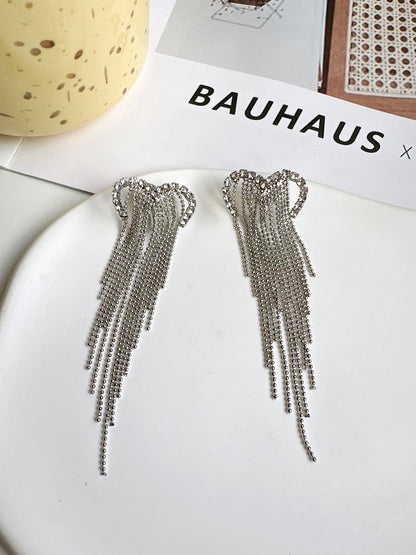 Silver Heart Diamante Tassel Clip On Earrings