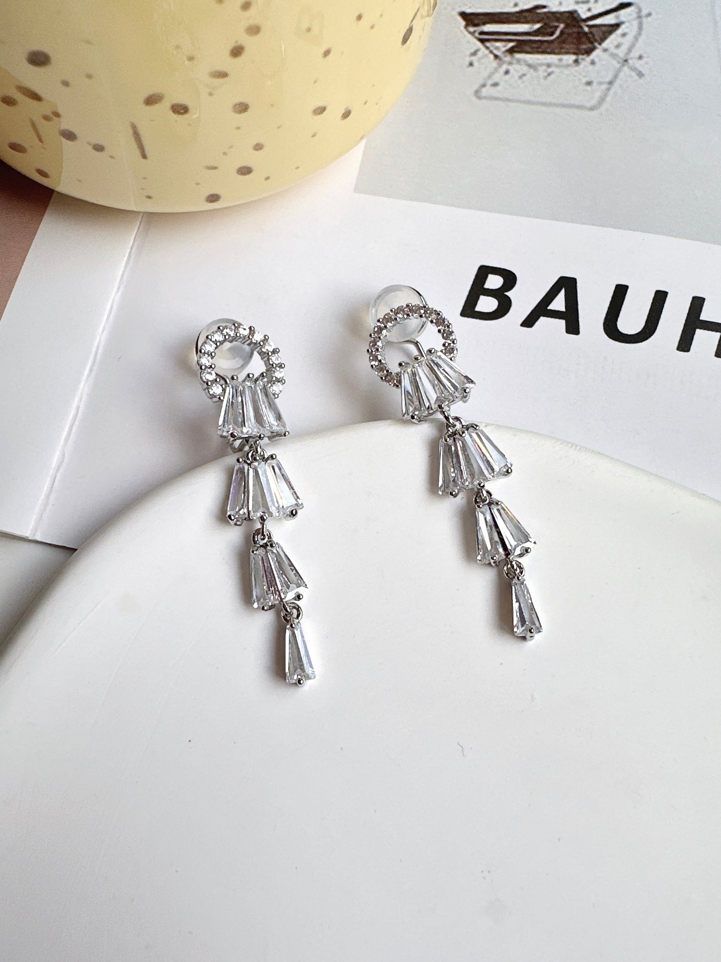 Silver Diamante Ring with Zircon Tassel Clip On Earrings