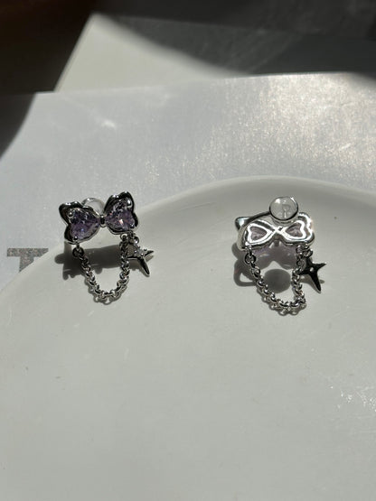 Purple Zircon Bow with Chain Clip On Earrings