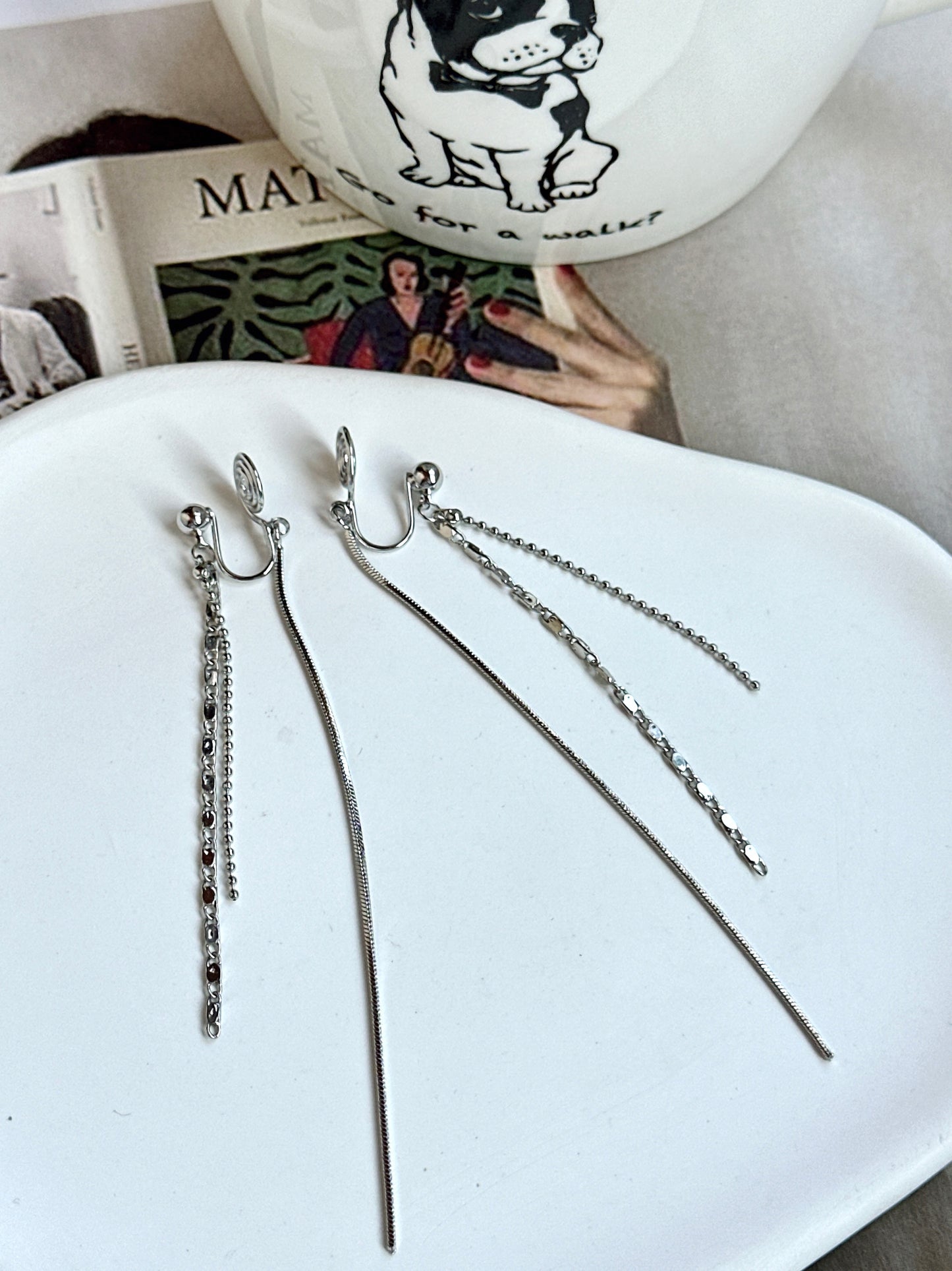 Silver Multi Long Tassel Clip On Earrings