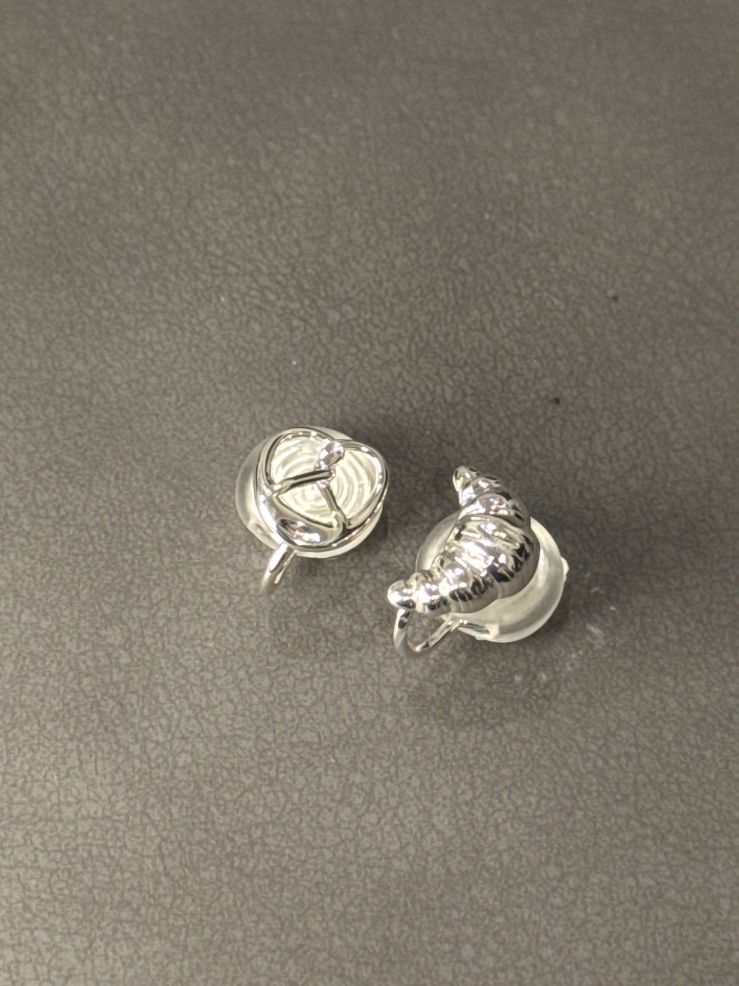 Silver Metal Small Croissant and Pretzel Mismatch Clip On Earrings