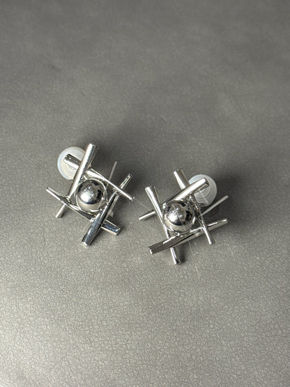 Silver Metal Tic-Tac-Toe with Ball Clip On Earrings