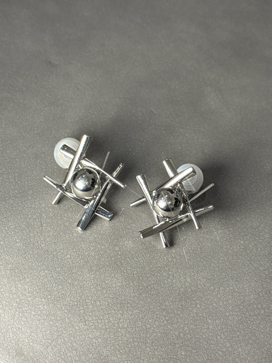 Silver Metal Tic-Tac-Toe with Ball Clip On Earrings