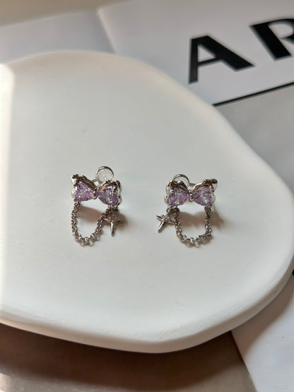 Purple Zircon Bow with Chain Clip On Earrings