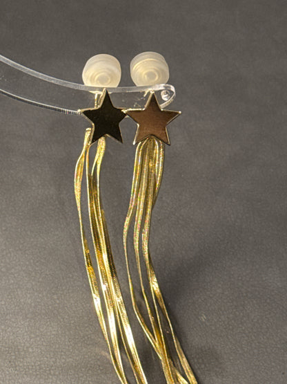 Golden Metal Long Tassel Star Clip On Earrings