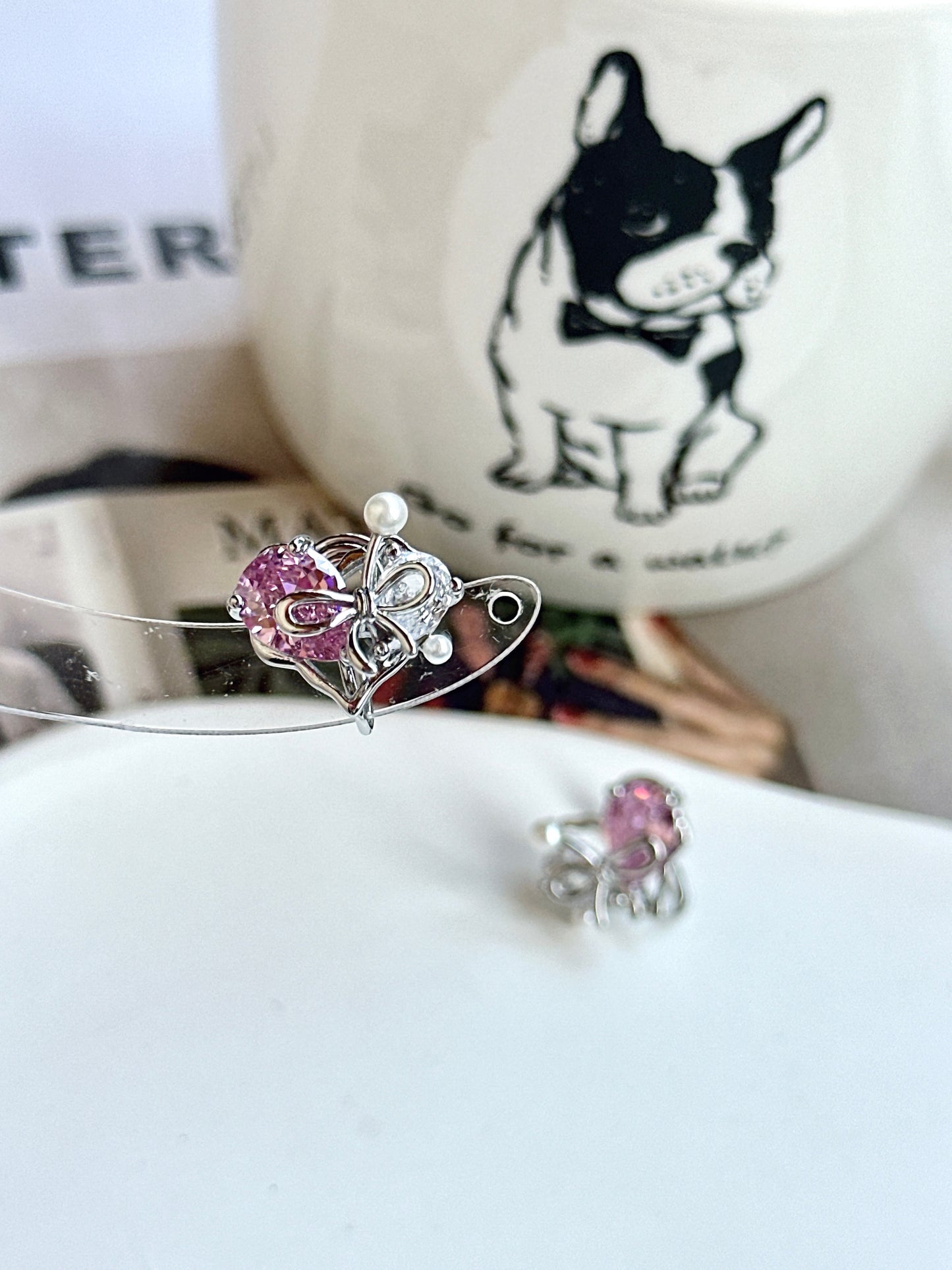 Pink Zircon Heart with Bow Clip On Earrings