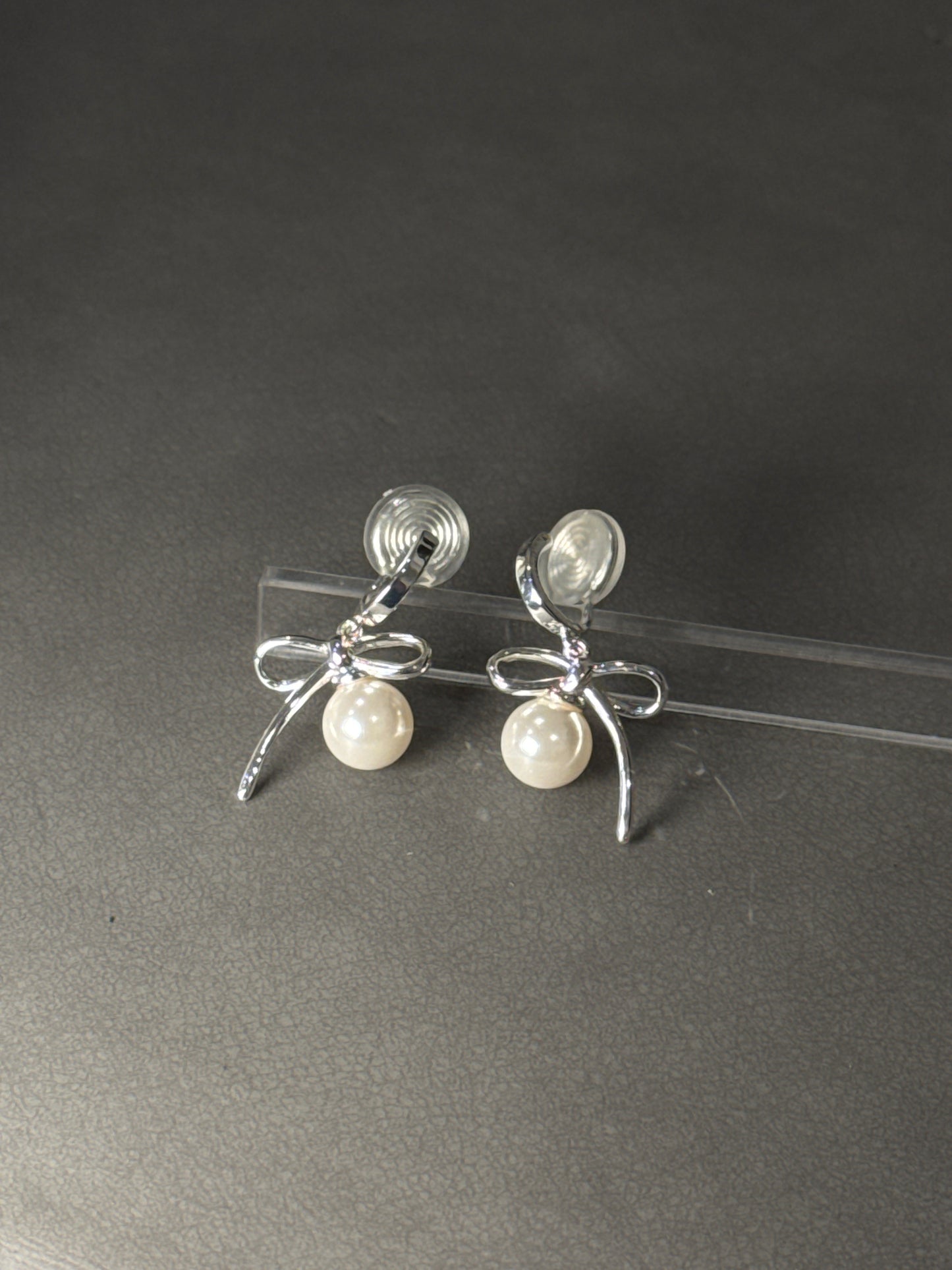 Silver Bow with Pearl Hoop Clip On Earrings