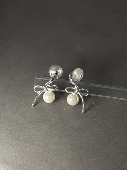 Silver Bow with Pearl Hoop Clip On Earrings