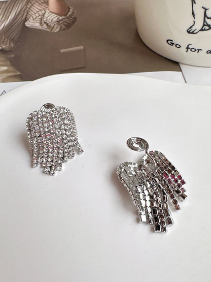 Silver Heart Diamante Cup Chain Tassel Clip On Earrings