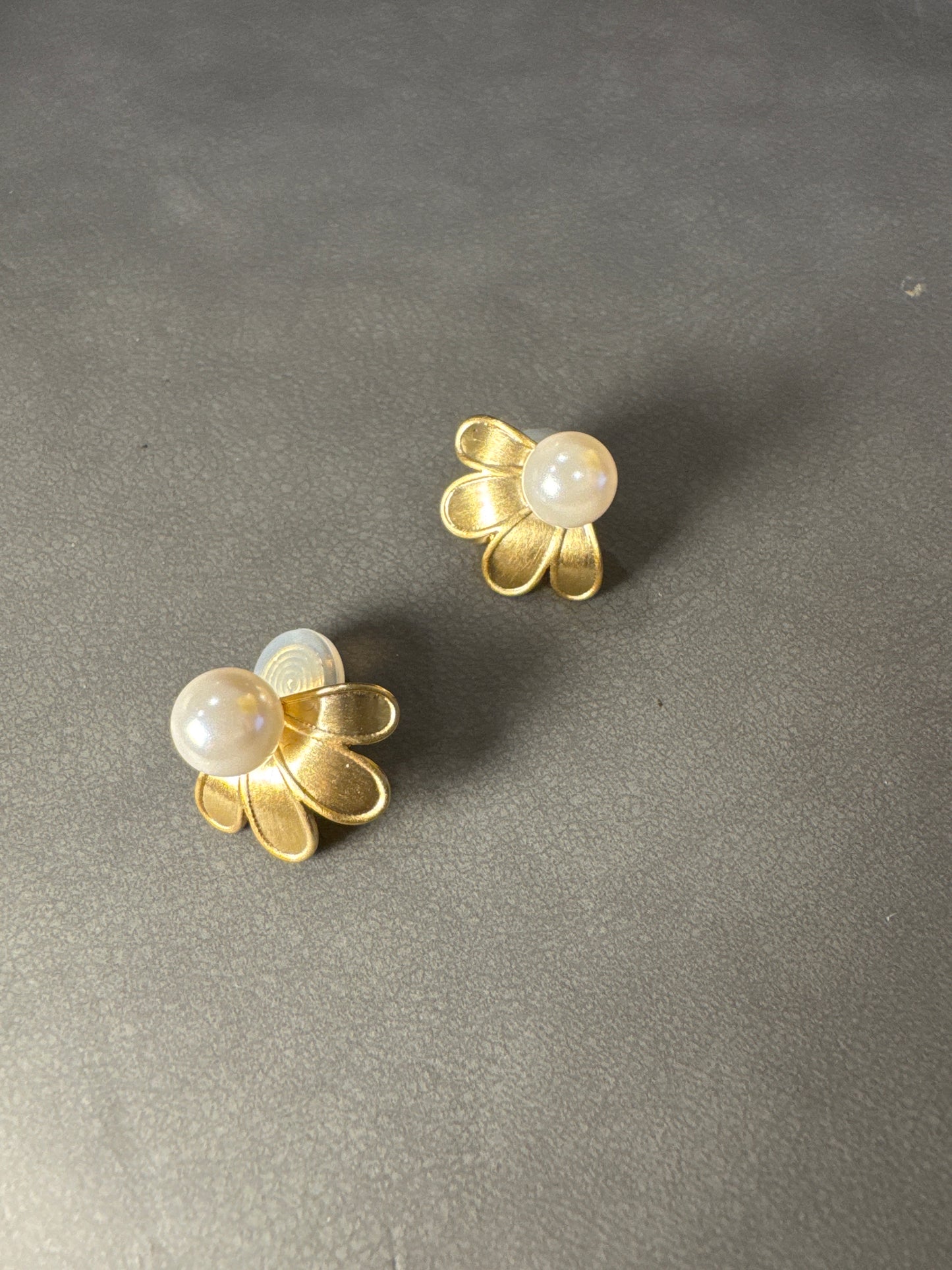 Golden Matte Pearlised Flower Clip On Earrings