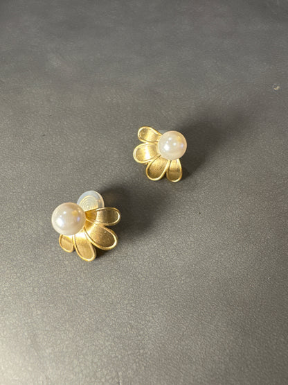 Golden Matte Pearlised Flower Clip On Earrings