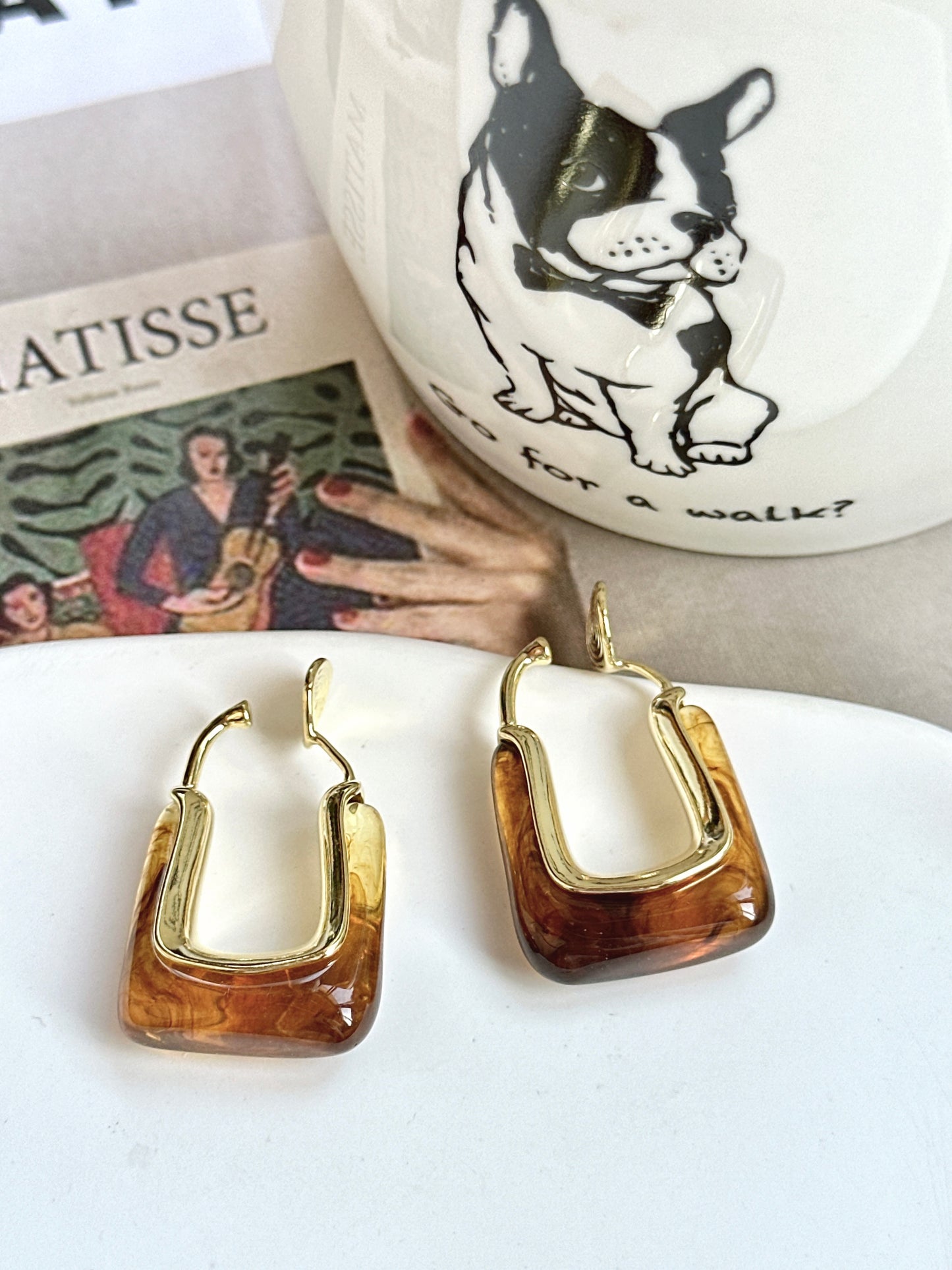 French Vintage Brown Resin Hoop Clip On Earrings