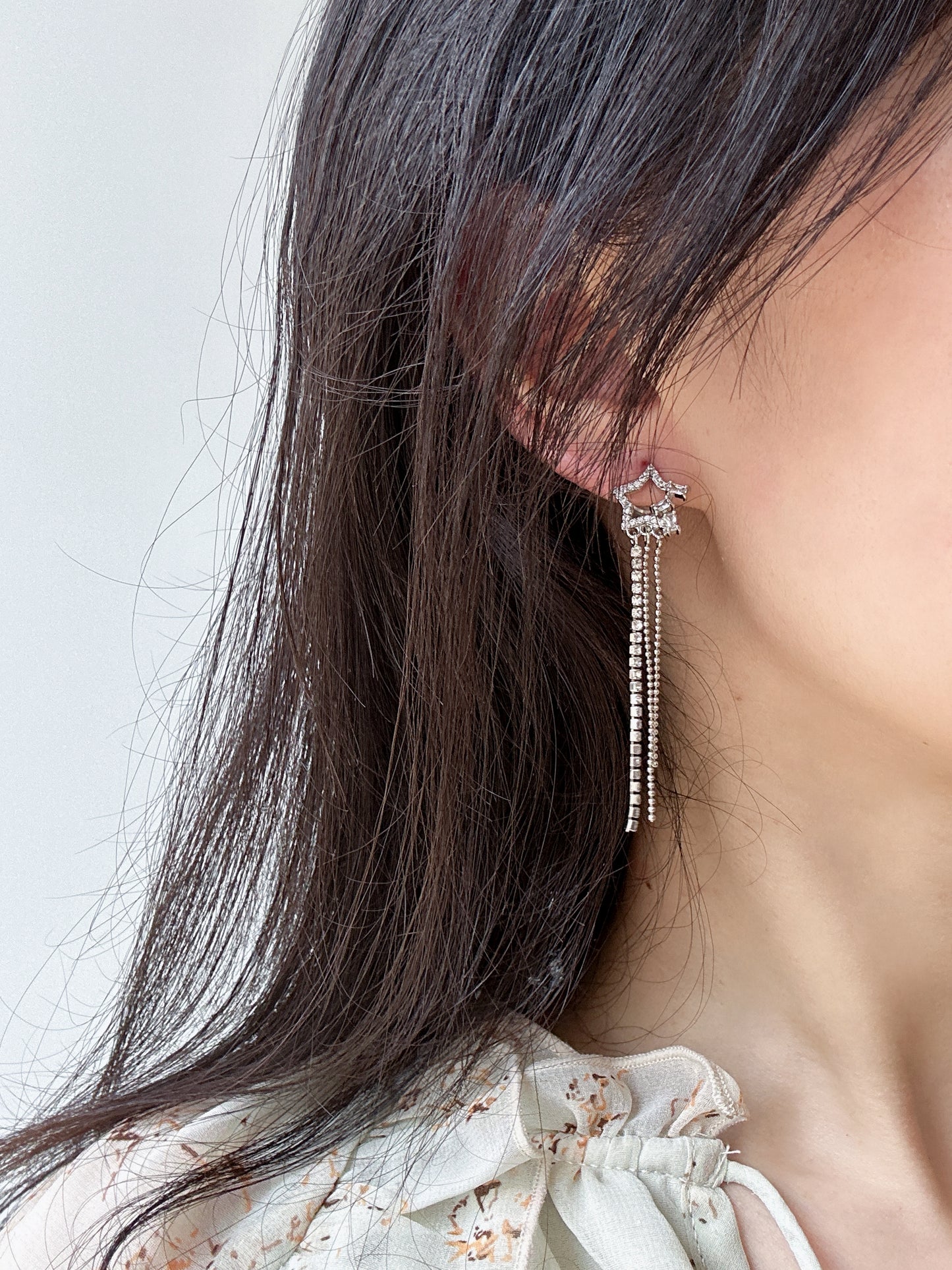 Open Star Zircon Long Tassel Clip On Earrings