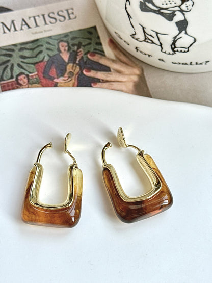 French Vintage Brown Resin Hoop Clip On Earrings