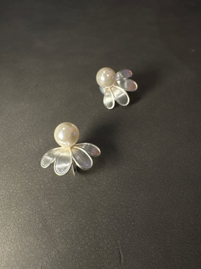 Silver Matte Pearlised Flower Clip On Earrings