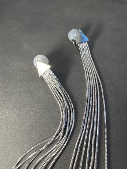 Silver Metal Long Tassel Triangle Clip On Earrings