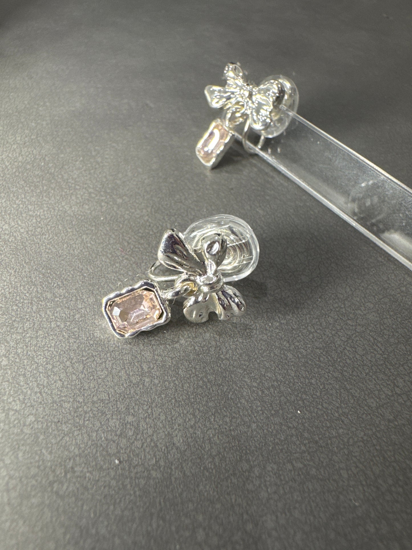 Silver Bow with Pink Zircon Pendant Clip On Earrings