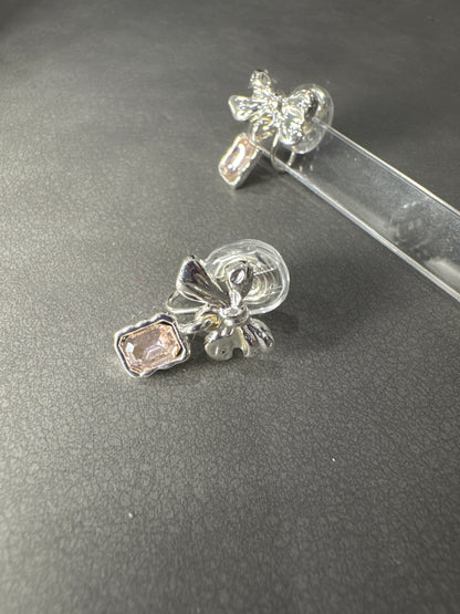 Silver Bow with Pink Zircon Pendant Clip On Earrings