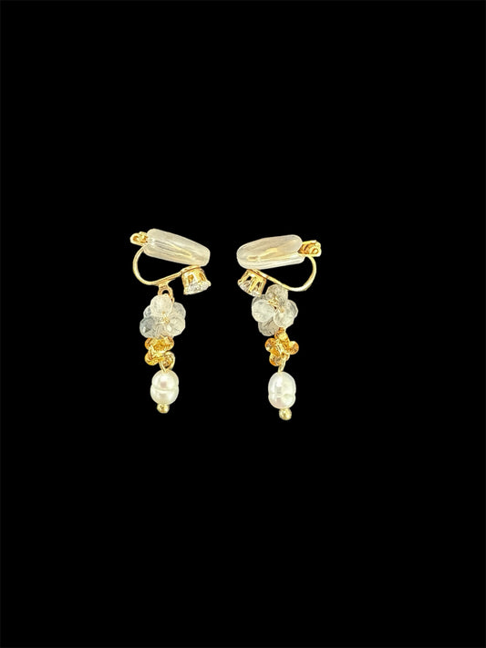 Handmade Crystal Golden Vintage Pearl Drop Clip-On Earrings