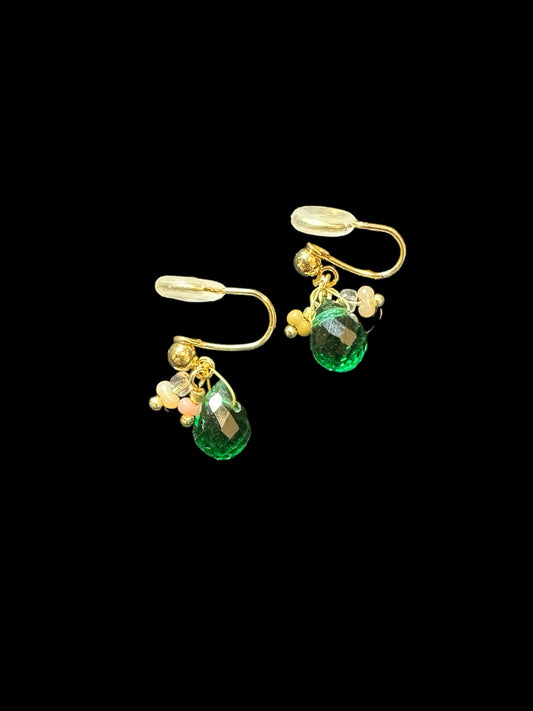 Elegant Clip-On Earrings with Green Stones – Handmade Non-Pierced Jewelry