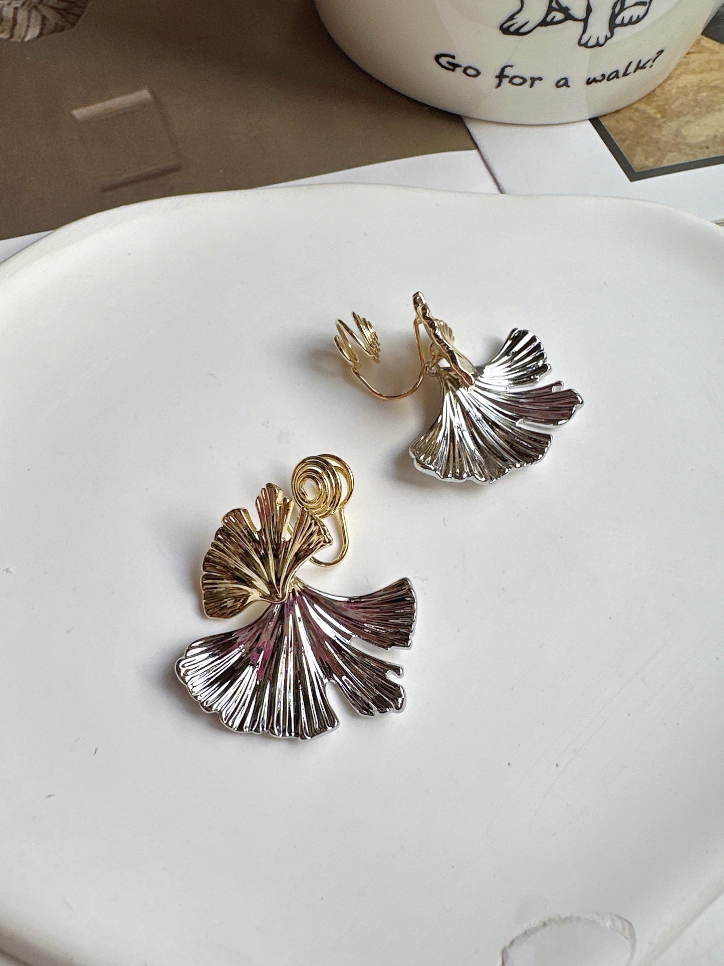 Golden and Silver Metal Double Ginkgo Leaf Clip On Earrings