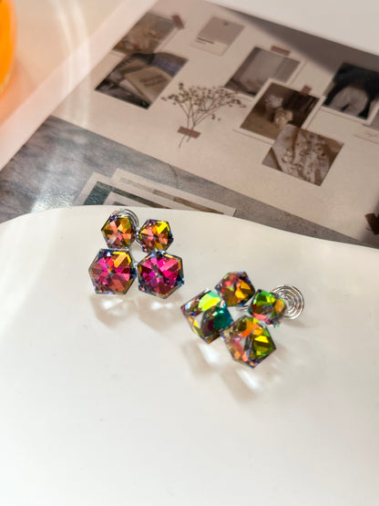 Geometic Metallic Reflective Crystal Clip On Earrings