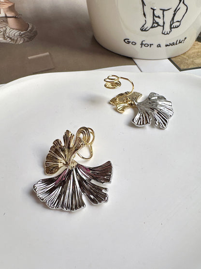 Golden and Silver Metal Double Ginkgo Leaf Clip On Earrings