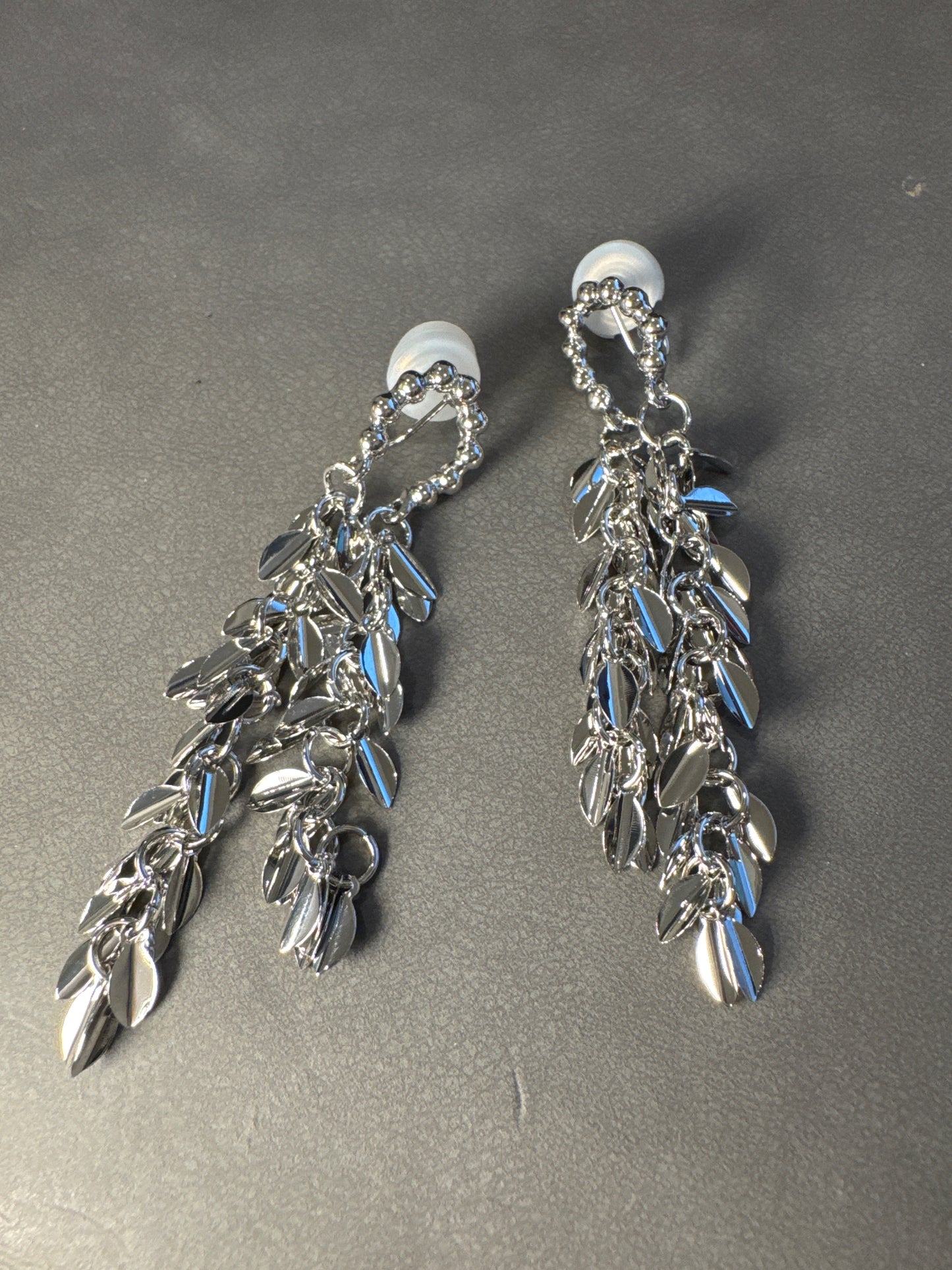 Silver Metal Leaf Shaped Tassel Clip On Earrings