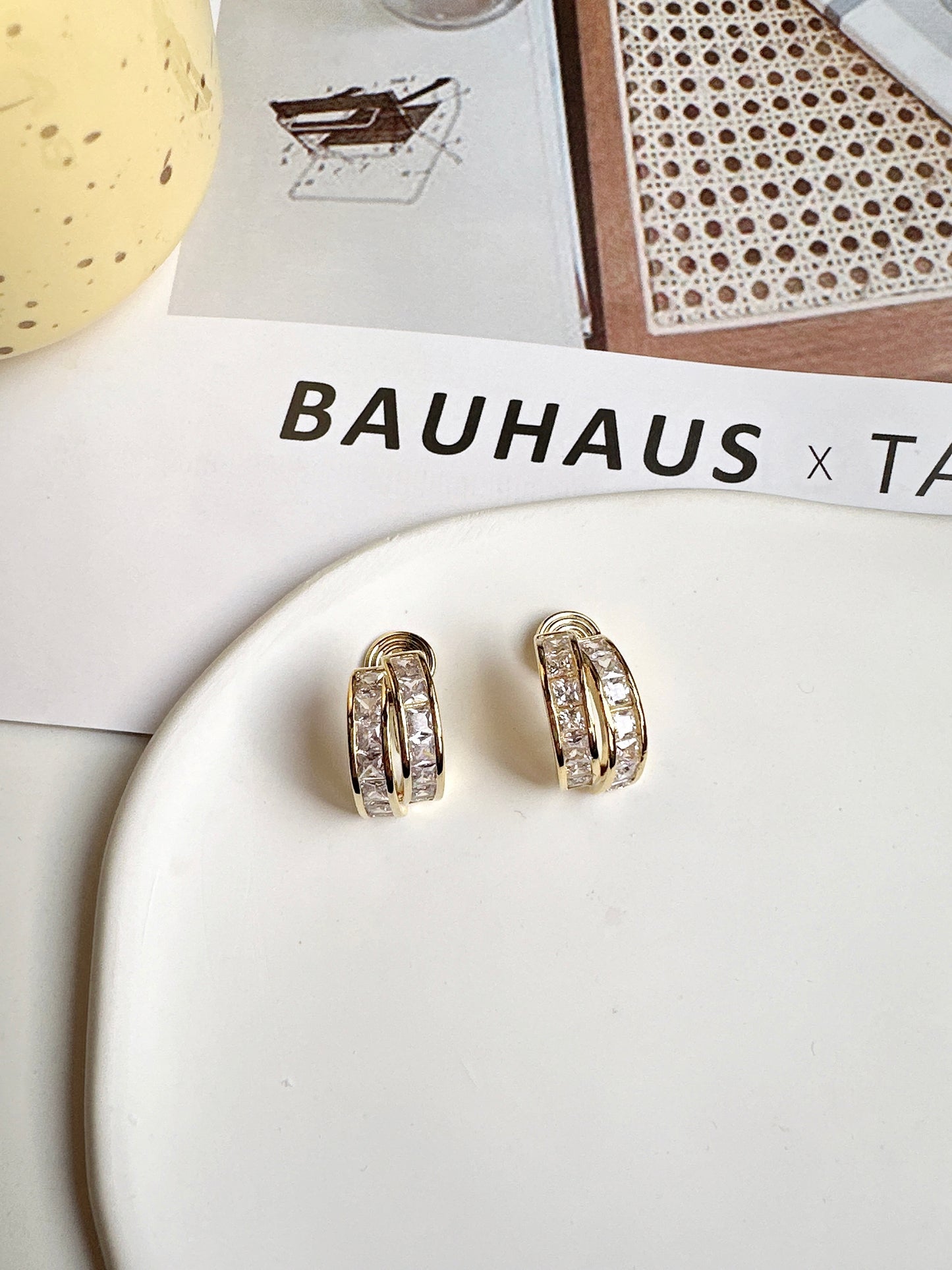 Golden Zircon Hoop Clip On Earrings. gold-tone clip-on earrings for women.