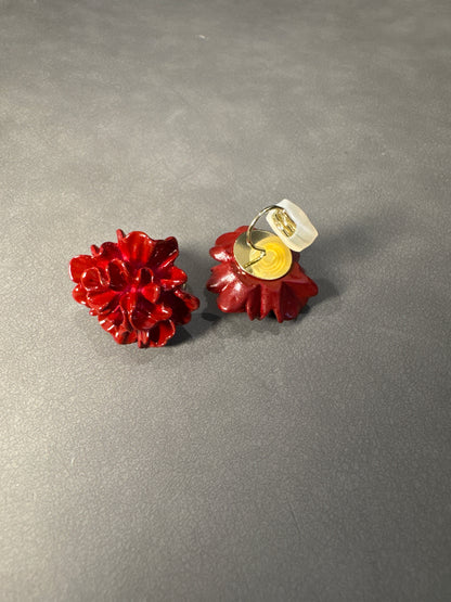 Red Camellia Clip On Earrings