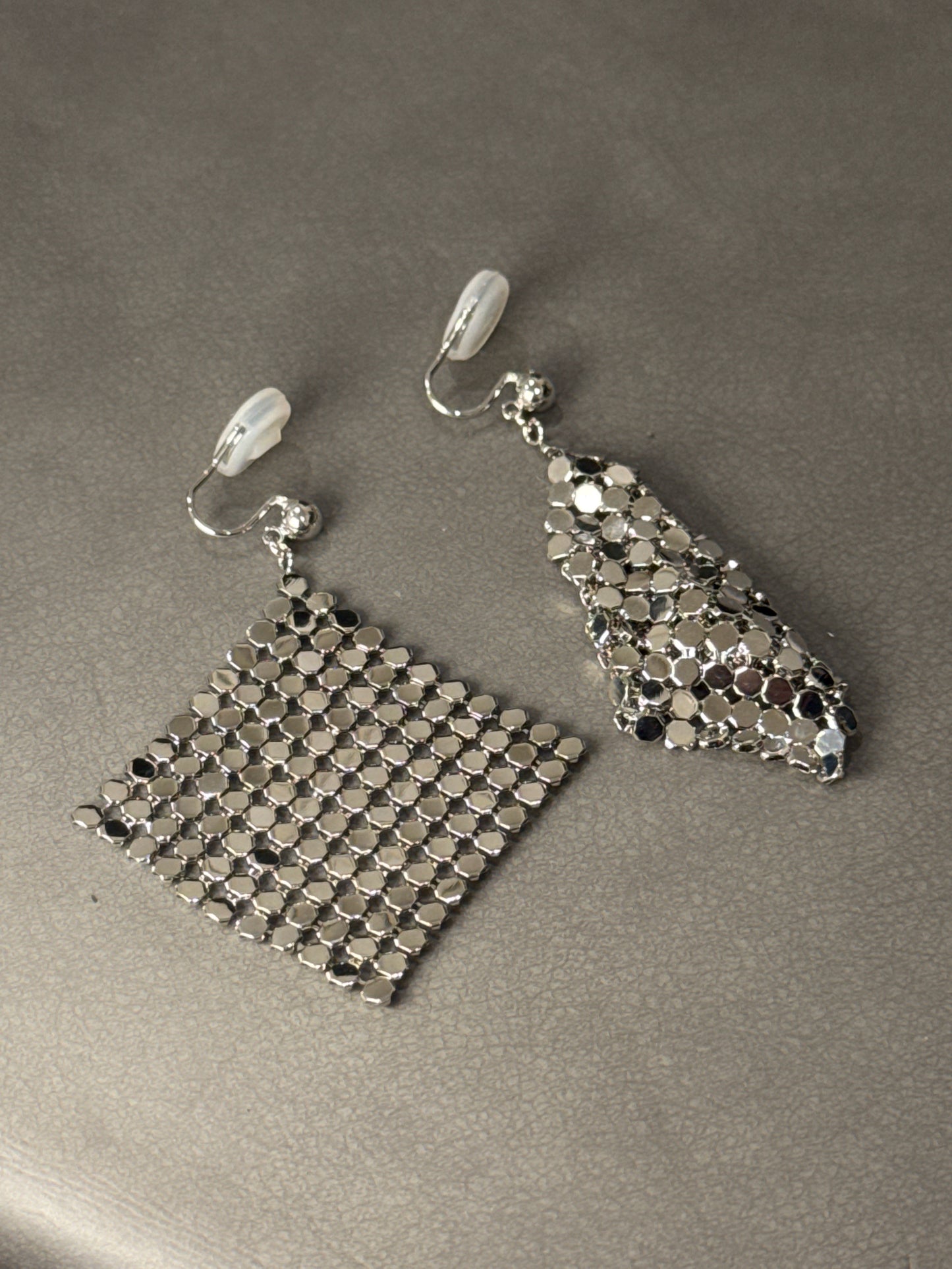 Silver Matte Foldable Square Woven Clip On Earrings