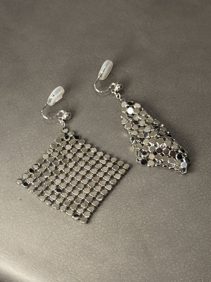 Silver Matte Foldable Square Woven Clip On Earrings