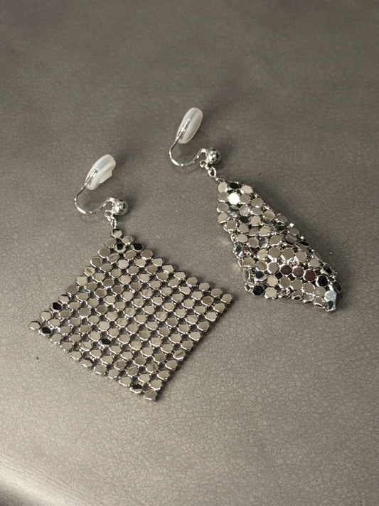 Silver Matte Foldable Square Woven Clip On Earrings