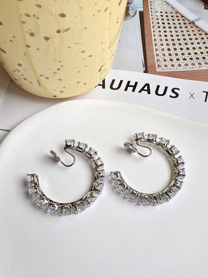 Silver Zircon Diamante Hoop Clip On Earrings